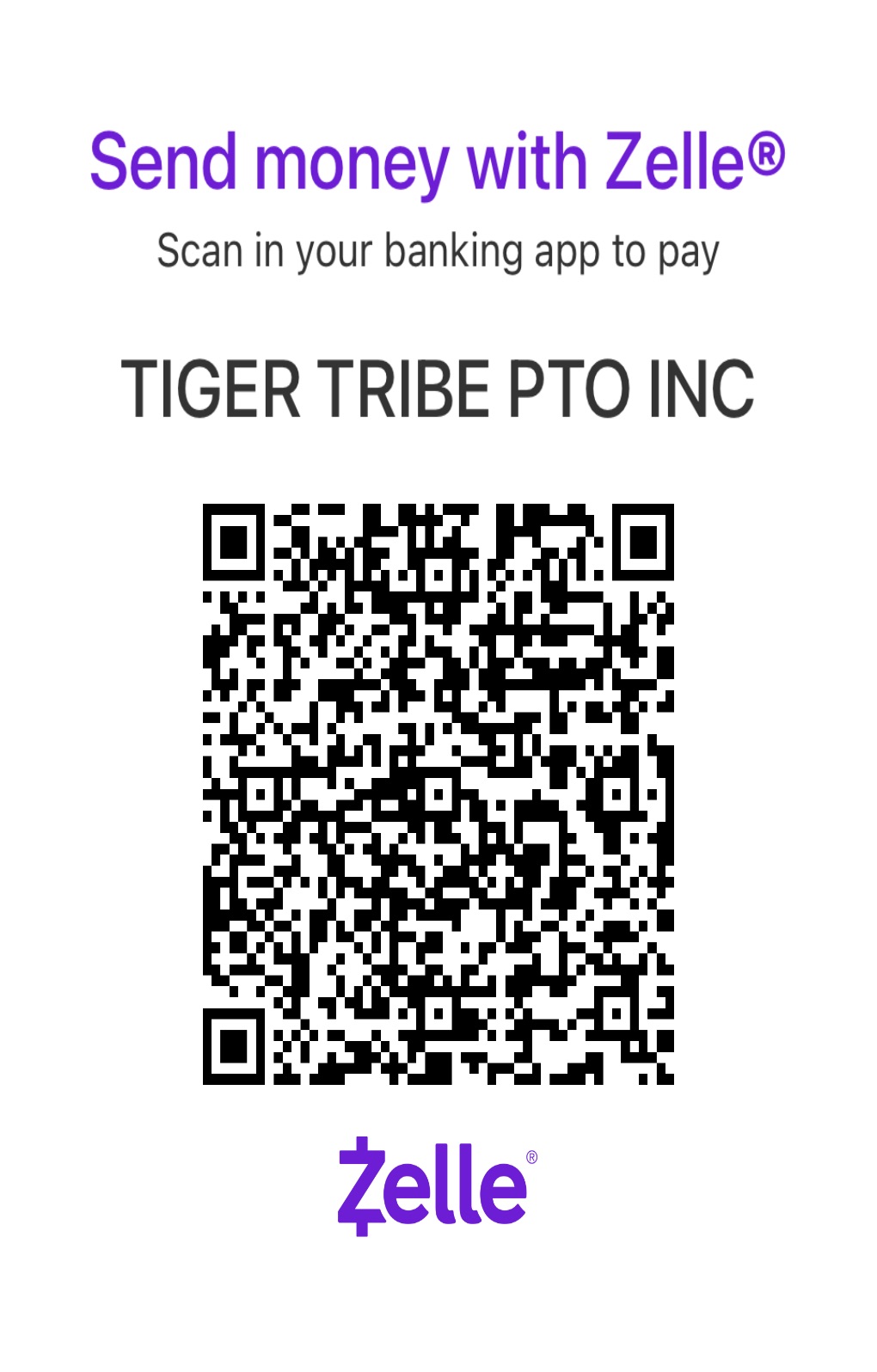 Official Zelle QR code for Tiger Tribe PTO Inc.